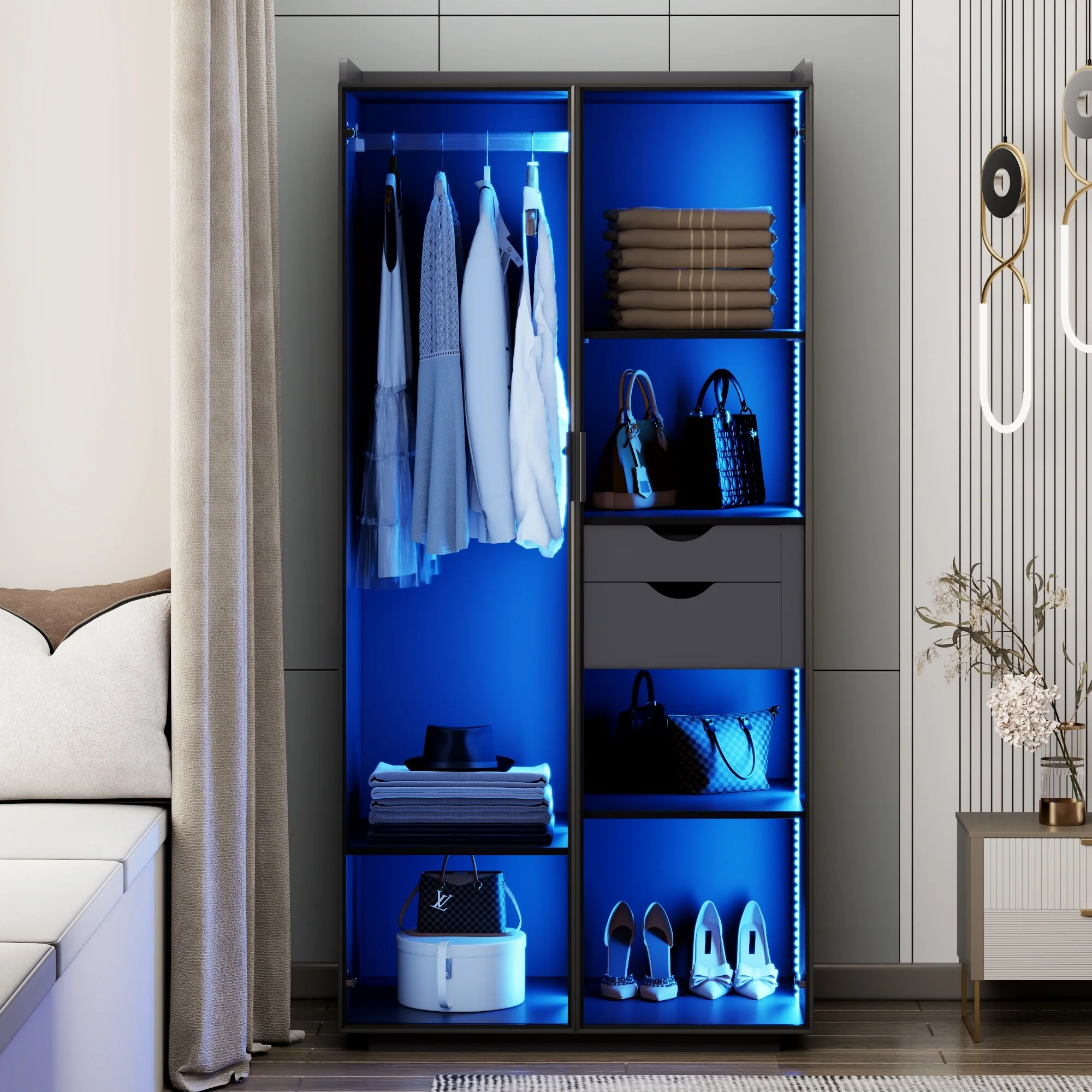 2-Door Wardrobe Armoire with LED Lights