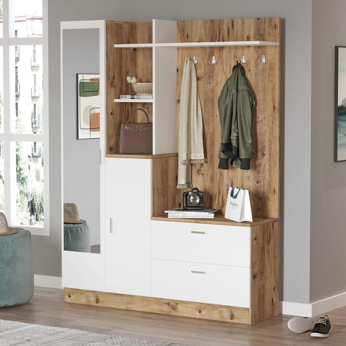 Grand vestiaire d’entrée décor blanc et bois 1 miroir JENA