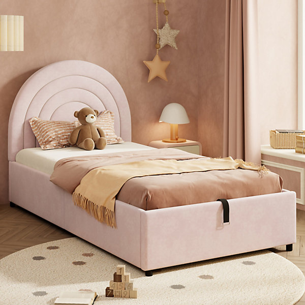 Lit rembourré 90x200 cm avec sommier et tête de lit en velours rose lattes en bois montage facile pour jeunes et adultes