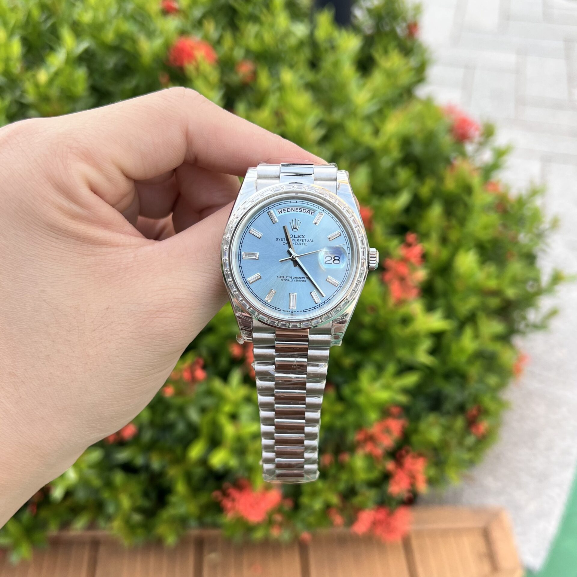 Rolex Day-Date 316L Steel Ice Blue Dial CZ Diamonds 40mm GSF Replica