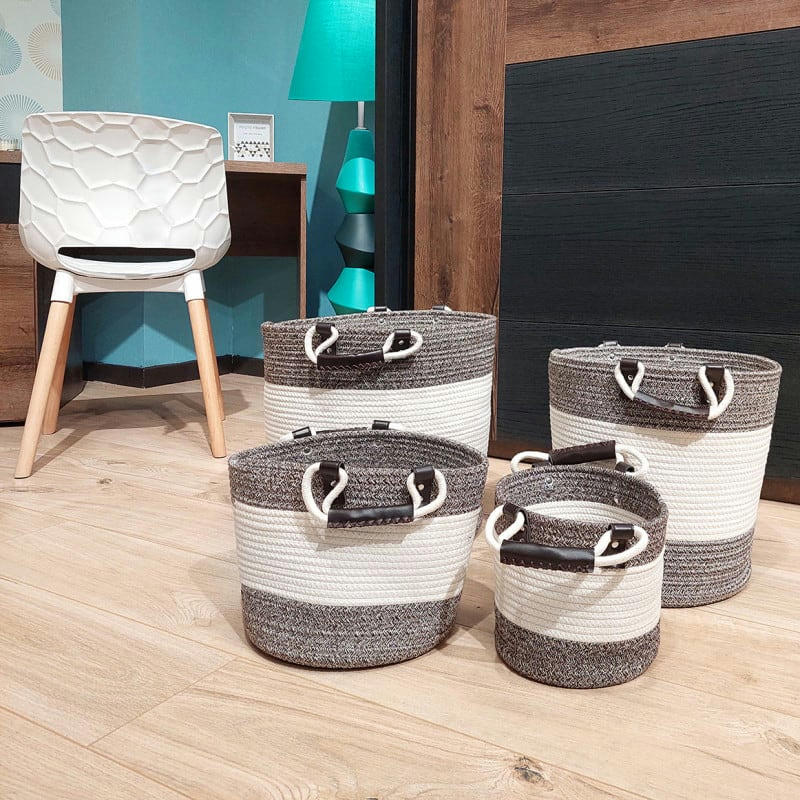 COTON - Lot de 4 paniers rond en corde de coton marron et blanc
