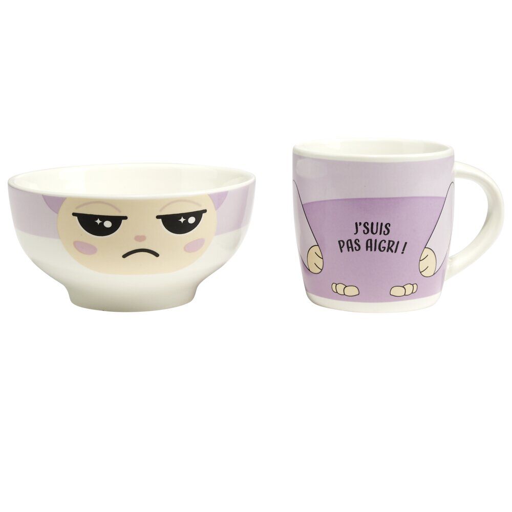 Bol et mug en céramique J'suis Pas Aigri motif Gromimis violet Ø14xH14cm