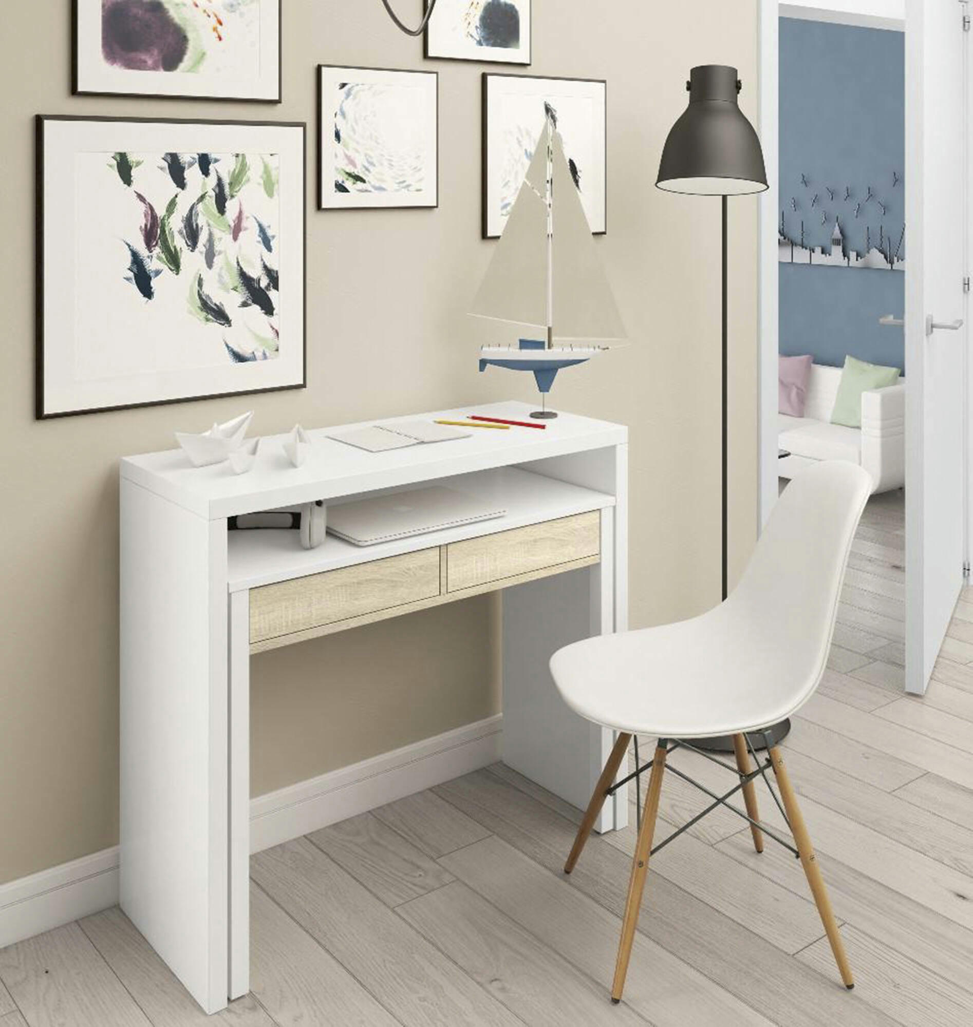 ALAVA - Console avec 2 tiroirs effet bois blanc et chêne