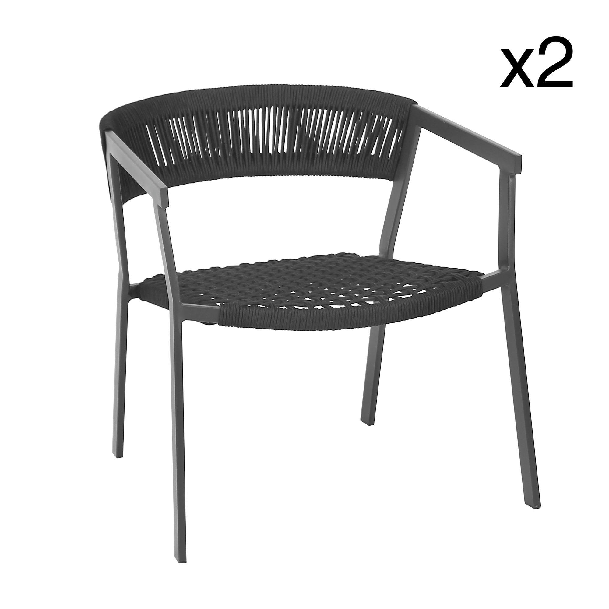 WALLIS - Lot de 2 fauteuils lounge en aluminium en corde tressée noire