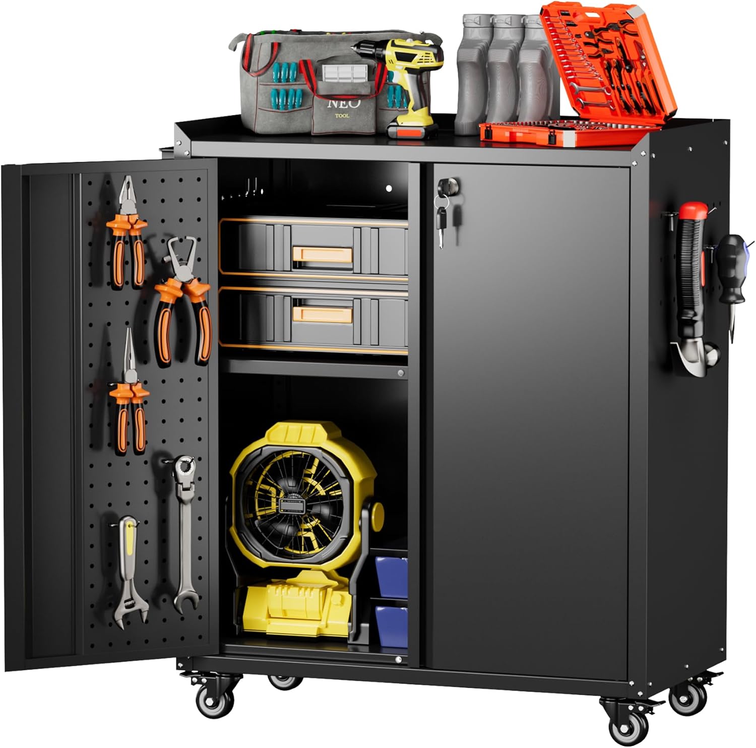 Metal Storage Cabinet on Wheels,Lockable Garage Storage Cabinet with Wheels Pegboard Pushing Hand for Office Home Warehouse, Assembly Required, Black,13.8 D x 26 W x 31.5 H