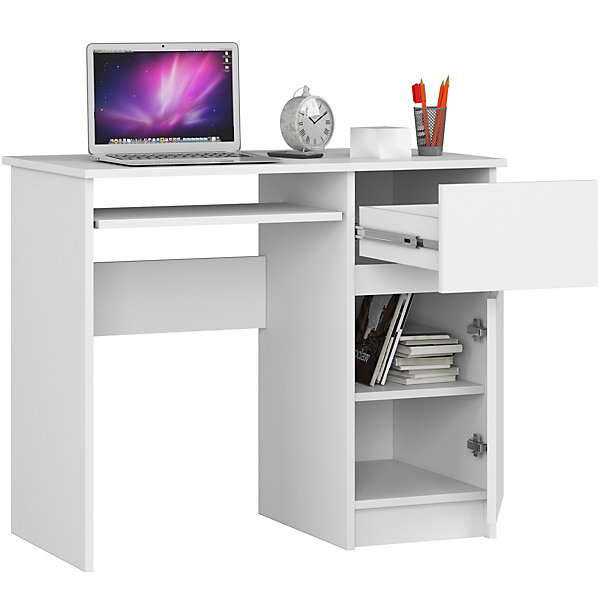 Bureau d'ordinateur AKORD droit PIKSEL Blanc 90 cm 1 porte 1 tiroir façade Blanche 3 étagères 90x50x77 cm