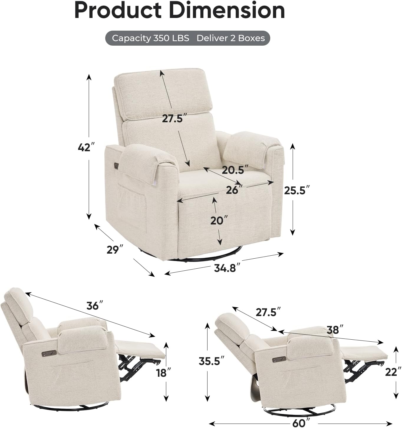 Oversized Power Recliner Chair, 26 Extra Wide Swivel Rocker Recliner with Adjustable Headrest, Chenille Glider Rocking Nursery Chair with Overstuffed Armrest, USB Ports, White