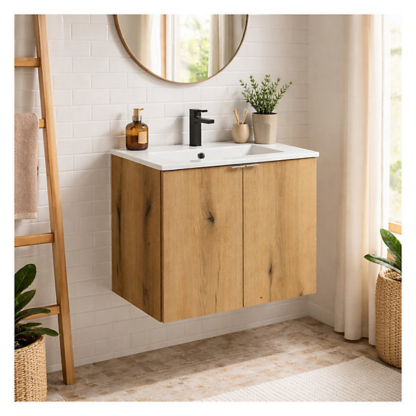 Ensemble de salle de bain suspendu VANO aspect chene 60cm : meuble sous vasque à placards et vasque encastrée