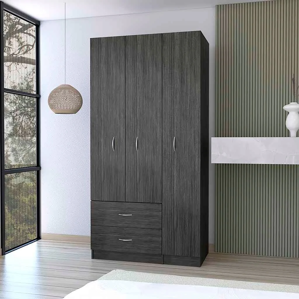 18.5 Modern Three-door Armoire with Hanging Rod, Four Interior Shelves and Two Bottom Drawers