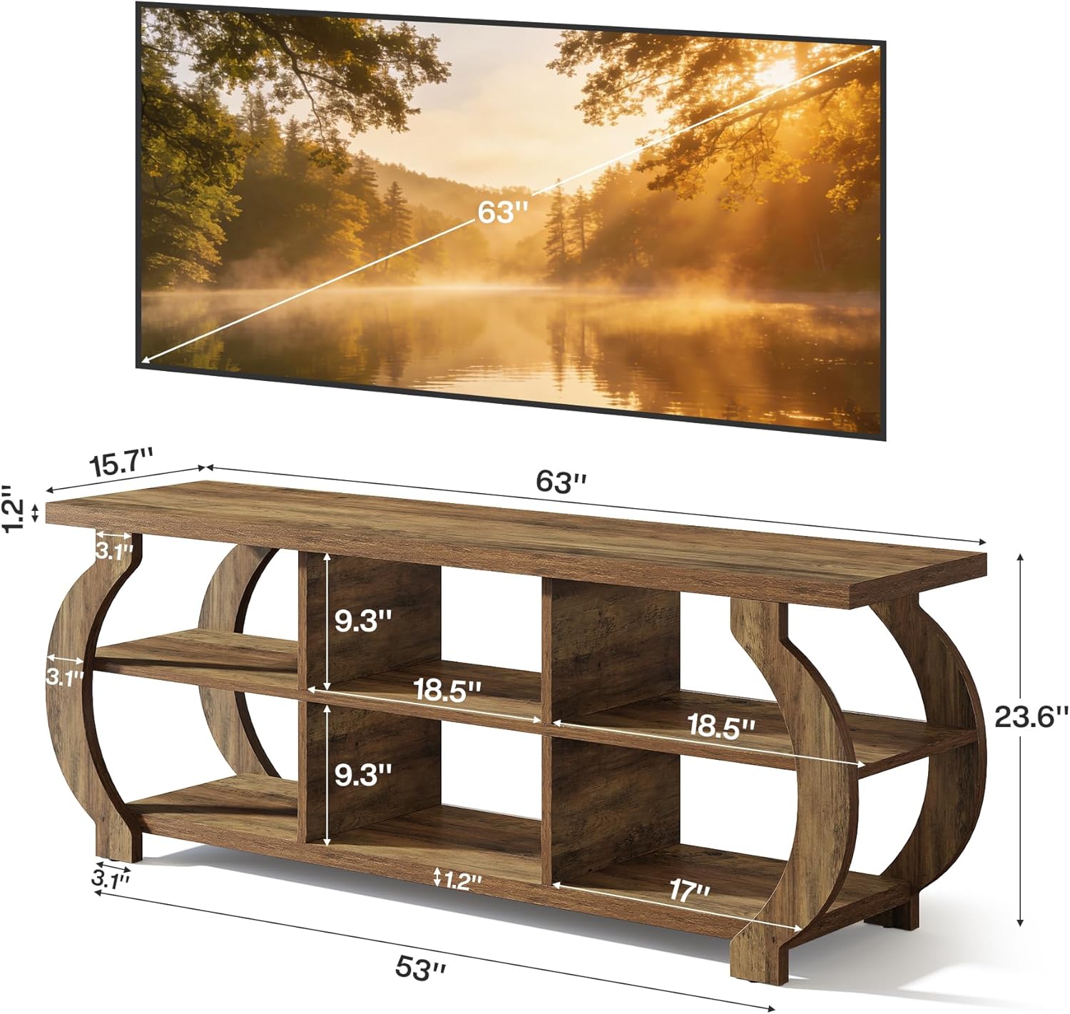 Tribesigns 63 TV Stand for 55/60/65/75-Inch TVs, Farmhouse Entertainment Center with Open Storage Shelves, Wooden Media TV Console for Living Room, Bedroom, Rustic Brown
