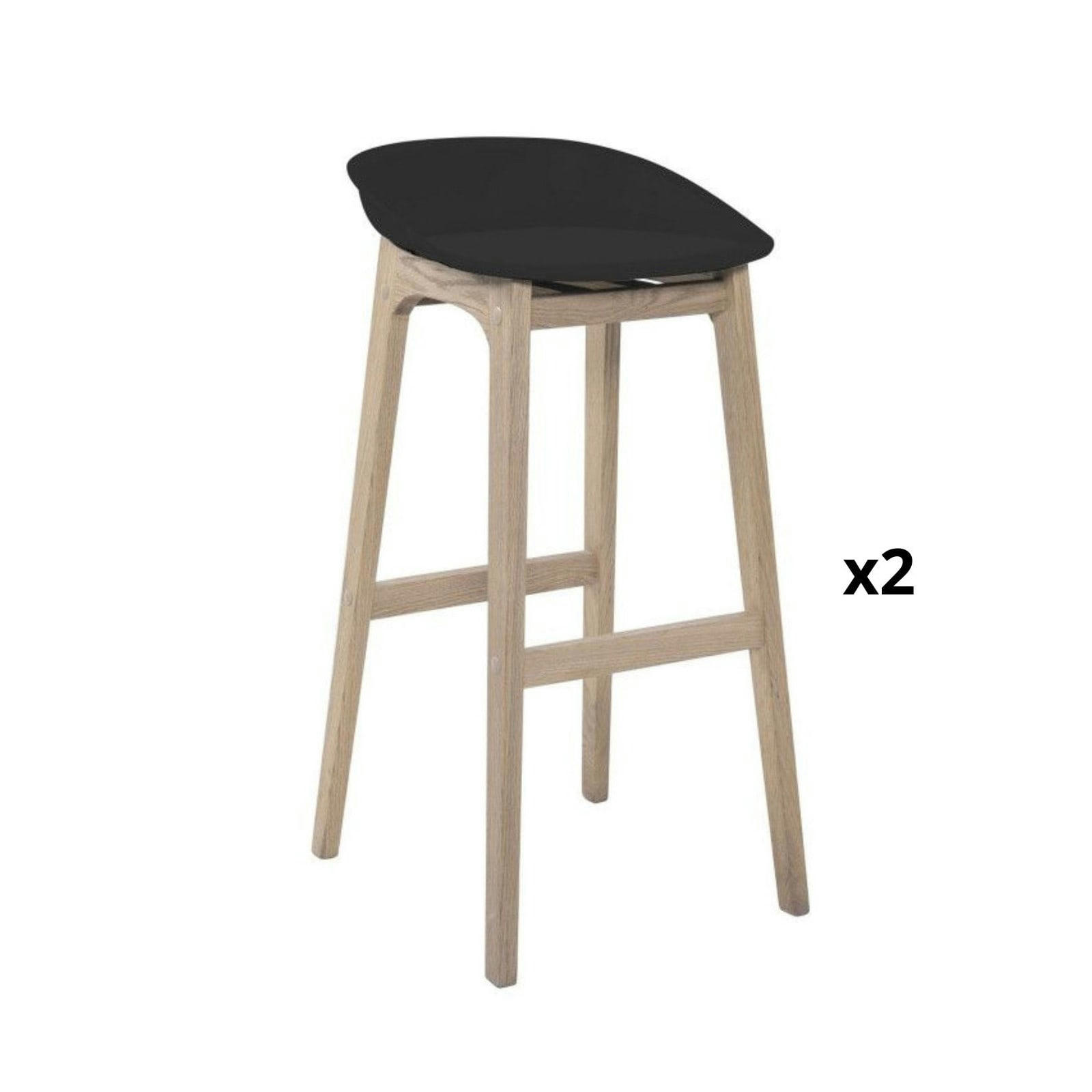 RIVA - Tabourets d'ilot 65cm  pieds chêne assise plastique noire - Lot de 2