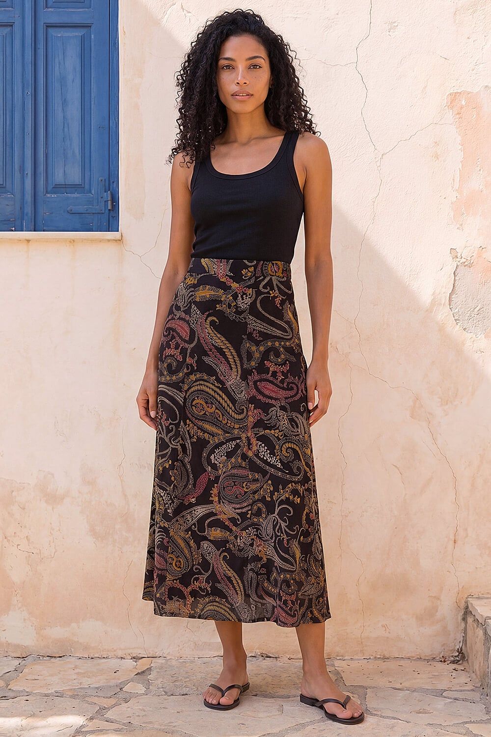 Roman Modern Paisley Print Midi Stretch Skirt