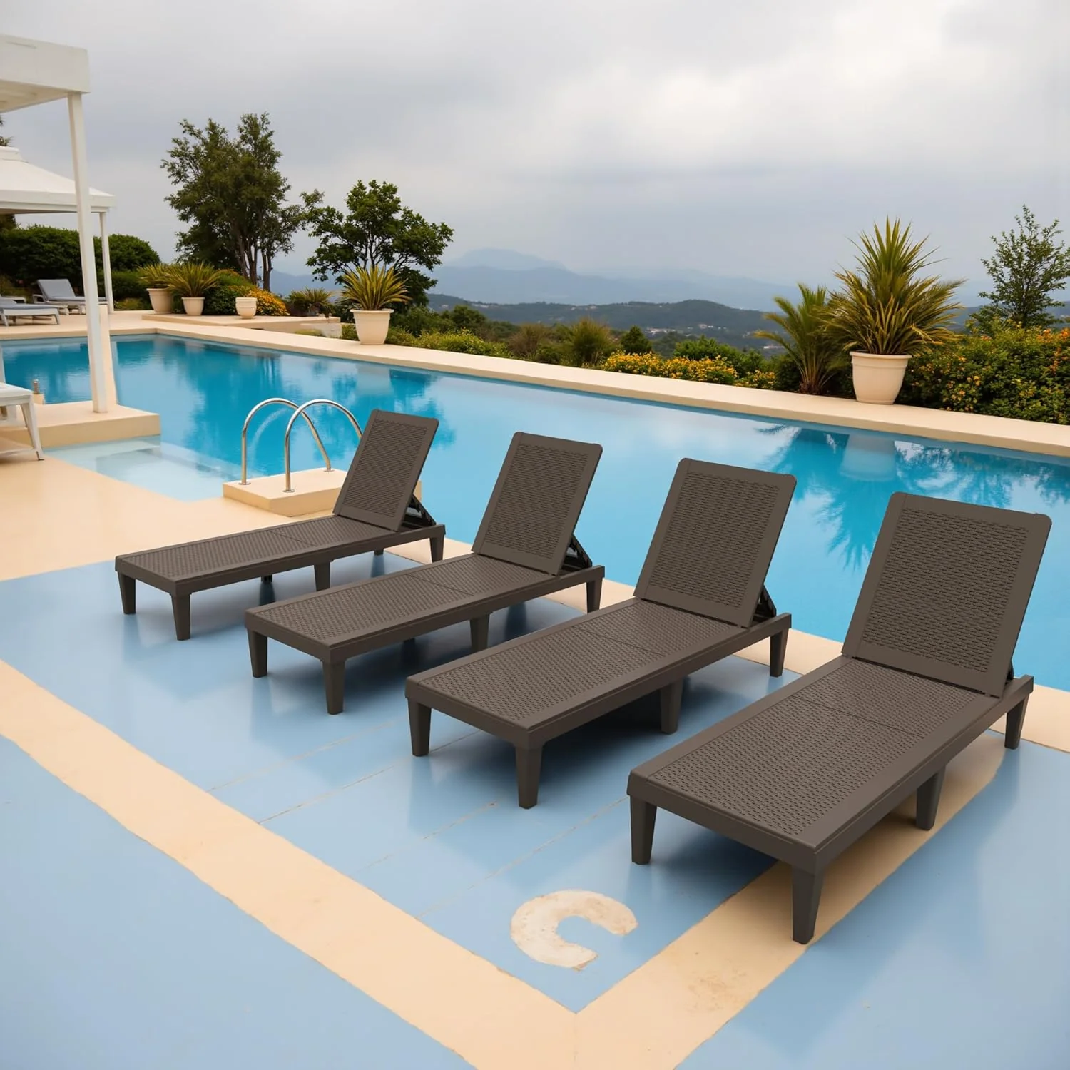 Outdoor Chaise Lounge Chair Set of 2 for Patio Poolside, Waterproof  Adjustable  Easy Assembly Sun Lounger for Outside Deck, Pool, Beach, Black(Set of 4/Brown)