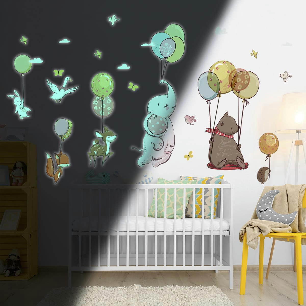- Stickers mural phosphorescents lumineux animaux 120x90cm