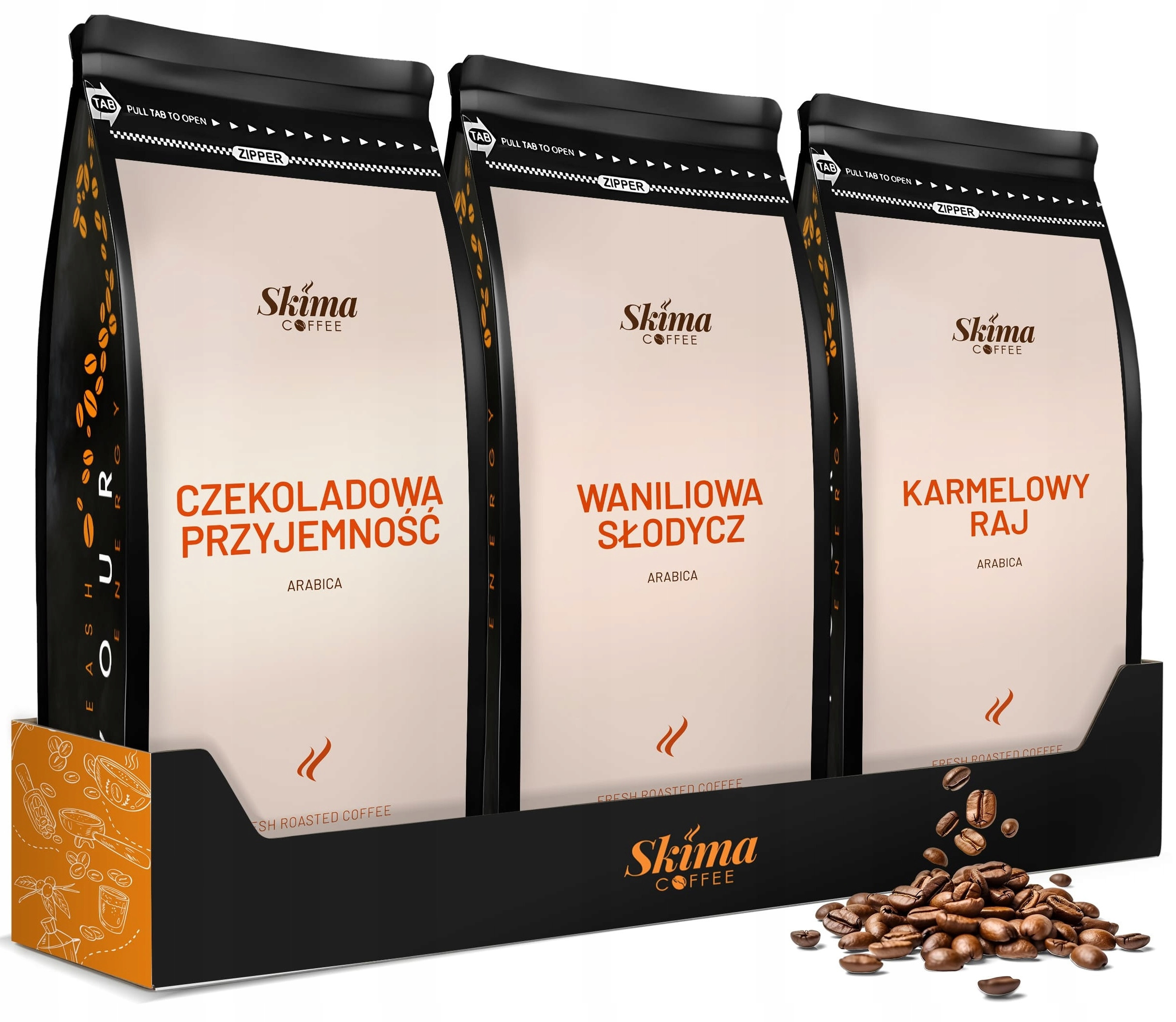 Kawa ziarnista 1kg x3 Waniliowa/Czekoladowa/Karmelowa Arabica Świeża