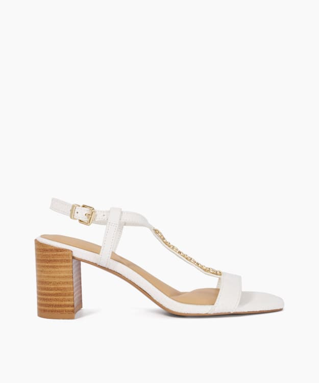 Josina White - Leather Gold Chain Embellished T-Bar Sandals