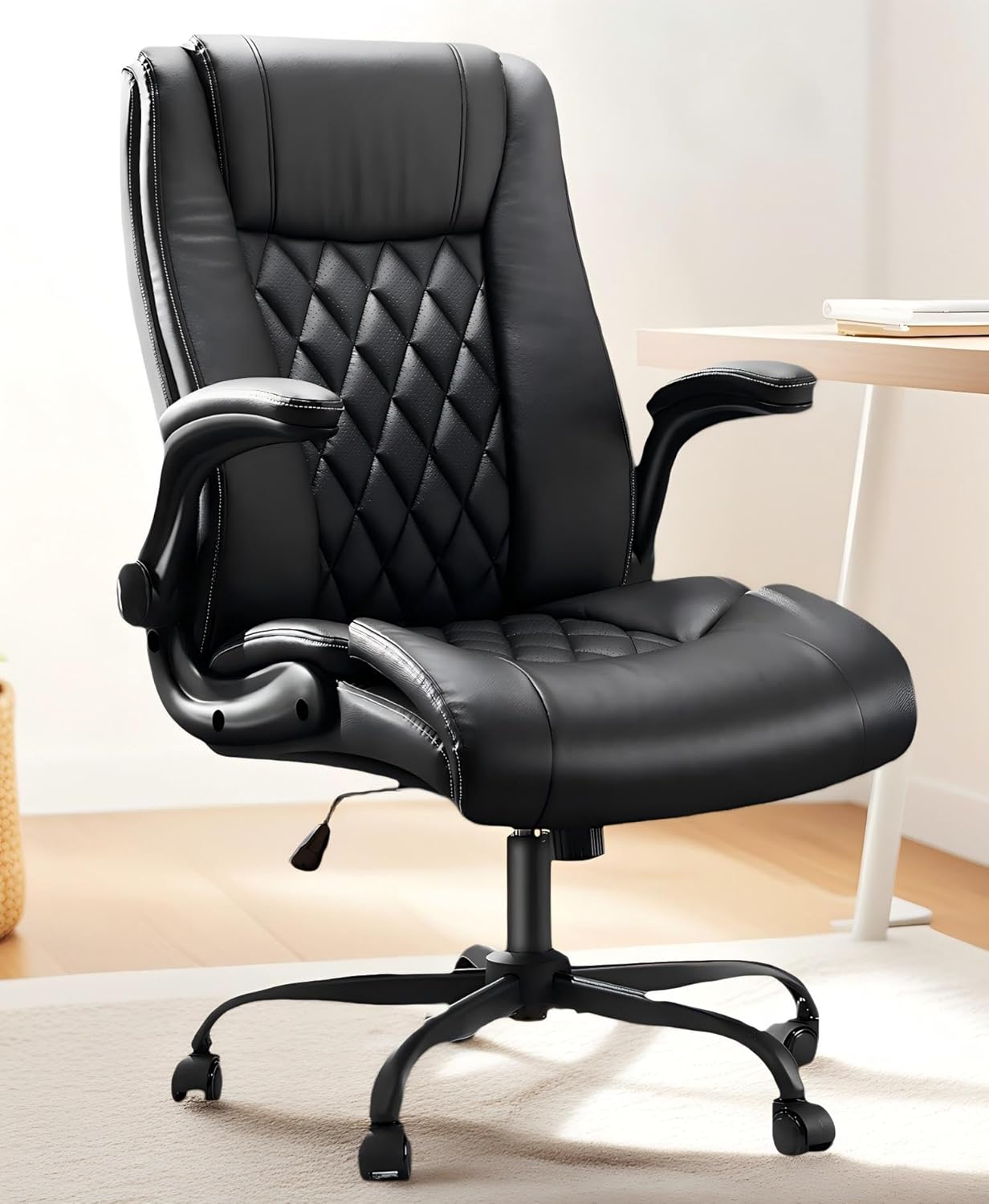 Marsail Executive Office Chair Ergonomic Desk Chair with Flip-up Armrests PU Leather Height-Adjustable Swivel Rolling Dark