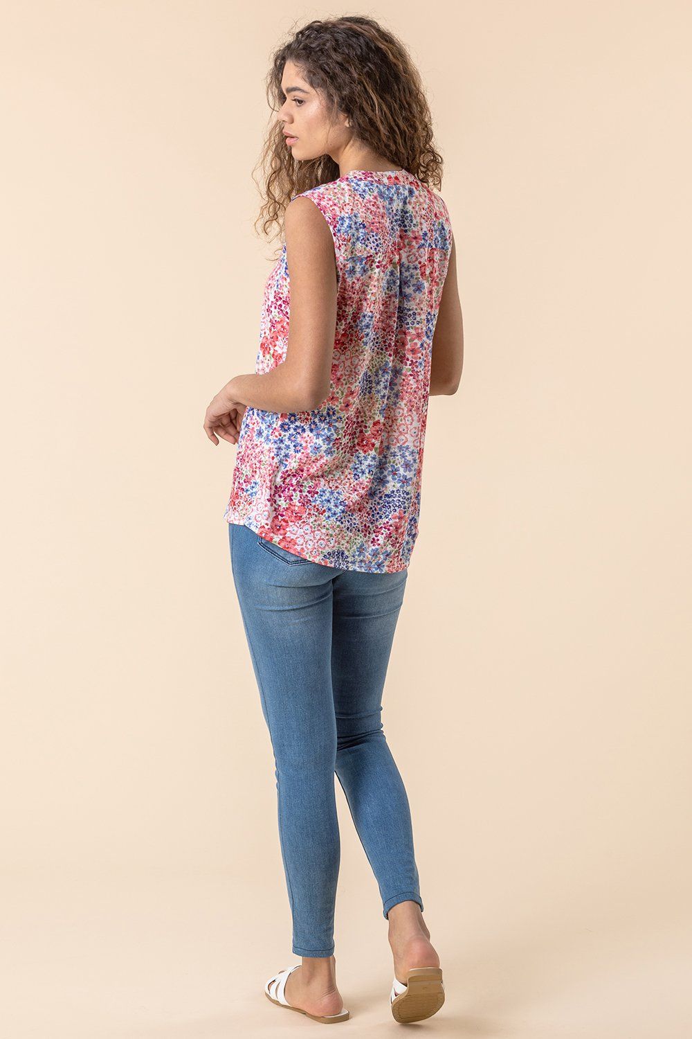 Roman Floral Print Burnout Button Detail Top