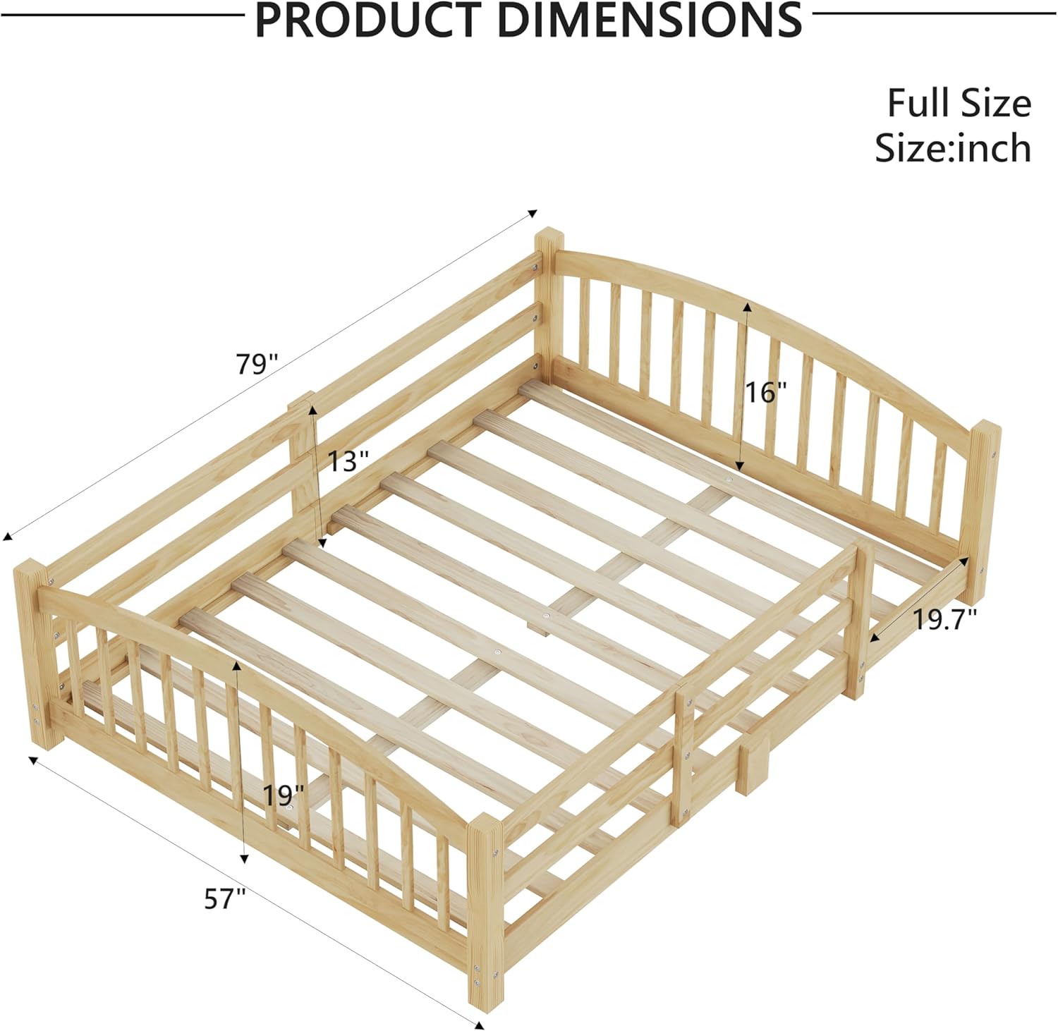 Full Size Montessori Floor Platform Bed with Full-Length Safety Guardrail & Wood Slats Support,Solid Wood Low Platform Bed Frame with Sleep Area and Playground for Kids Boys Girls,Without Door,Natural