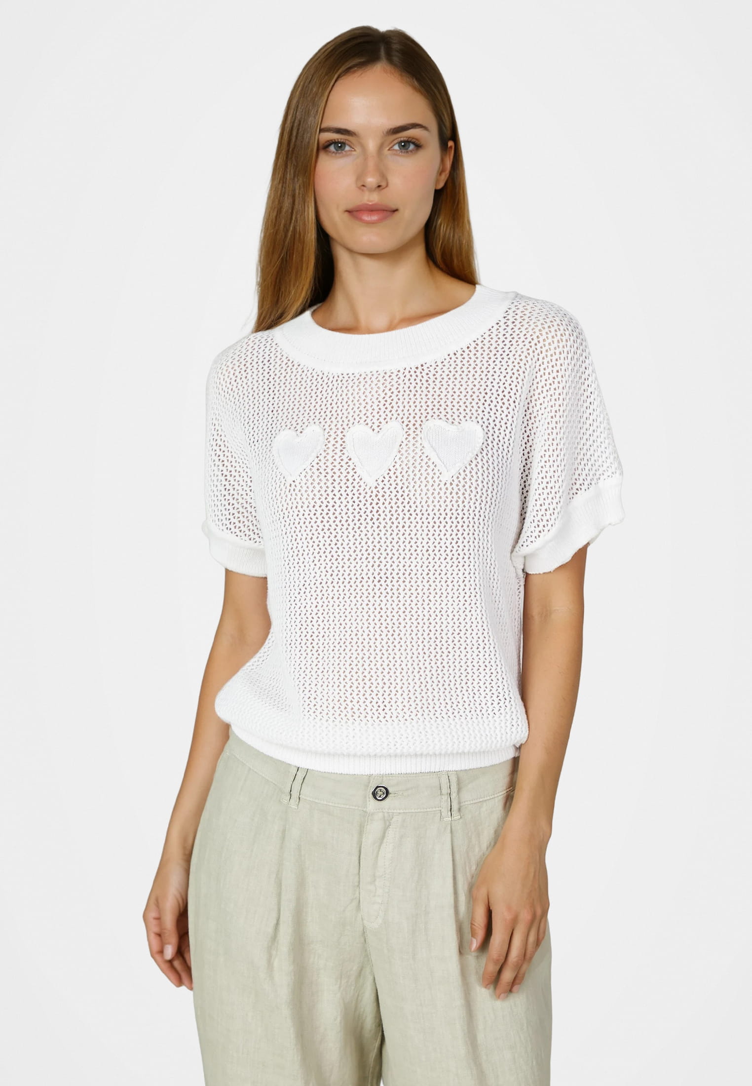 Netz-Pullover mit Herz-Intarsie