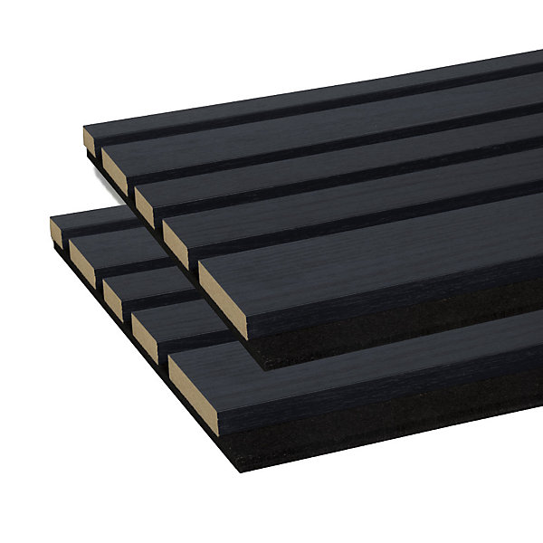 Lot de 2 Panneaux tasseaux acoustic asymétrique lamelles MDF chêne lave sur fond noir 2600 x 300 x 17 mm -