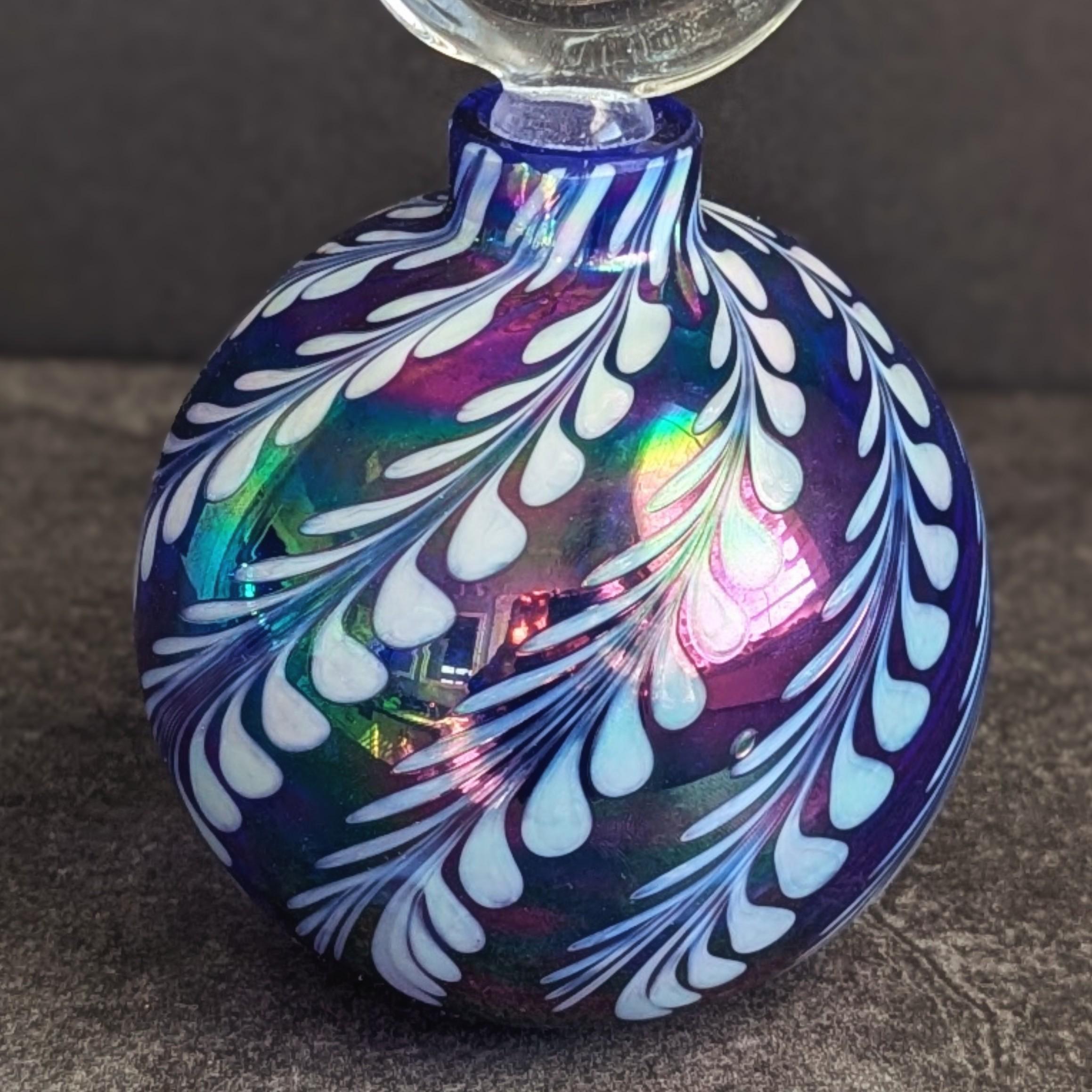 Art Glass Iridescent Glass Design Blue White Swirl Perfume Bottle Golden Crown