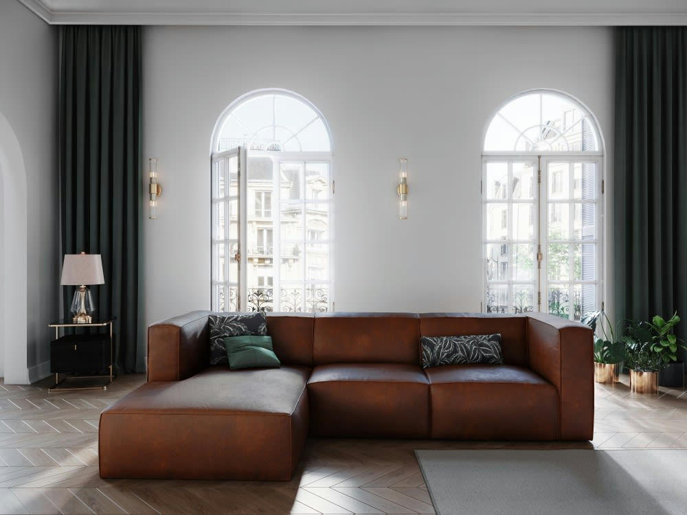 MUSE - Canapé d'angle 5 places en cuir cognac