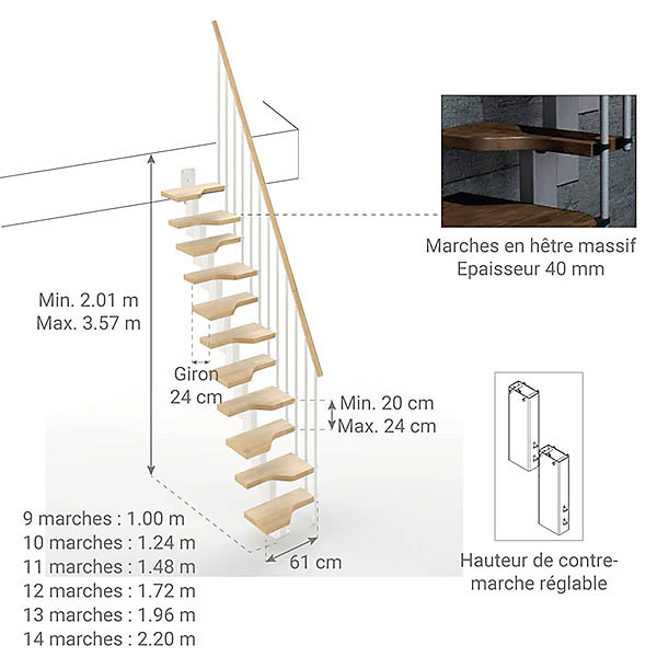 Escalier droit 9 marches - Hauteur à franchir de 2.01 à 2.37m - Largeur 61cm - Couleur naturel et blanc - MINI61/I/SBMNAT-9
