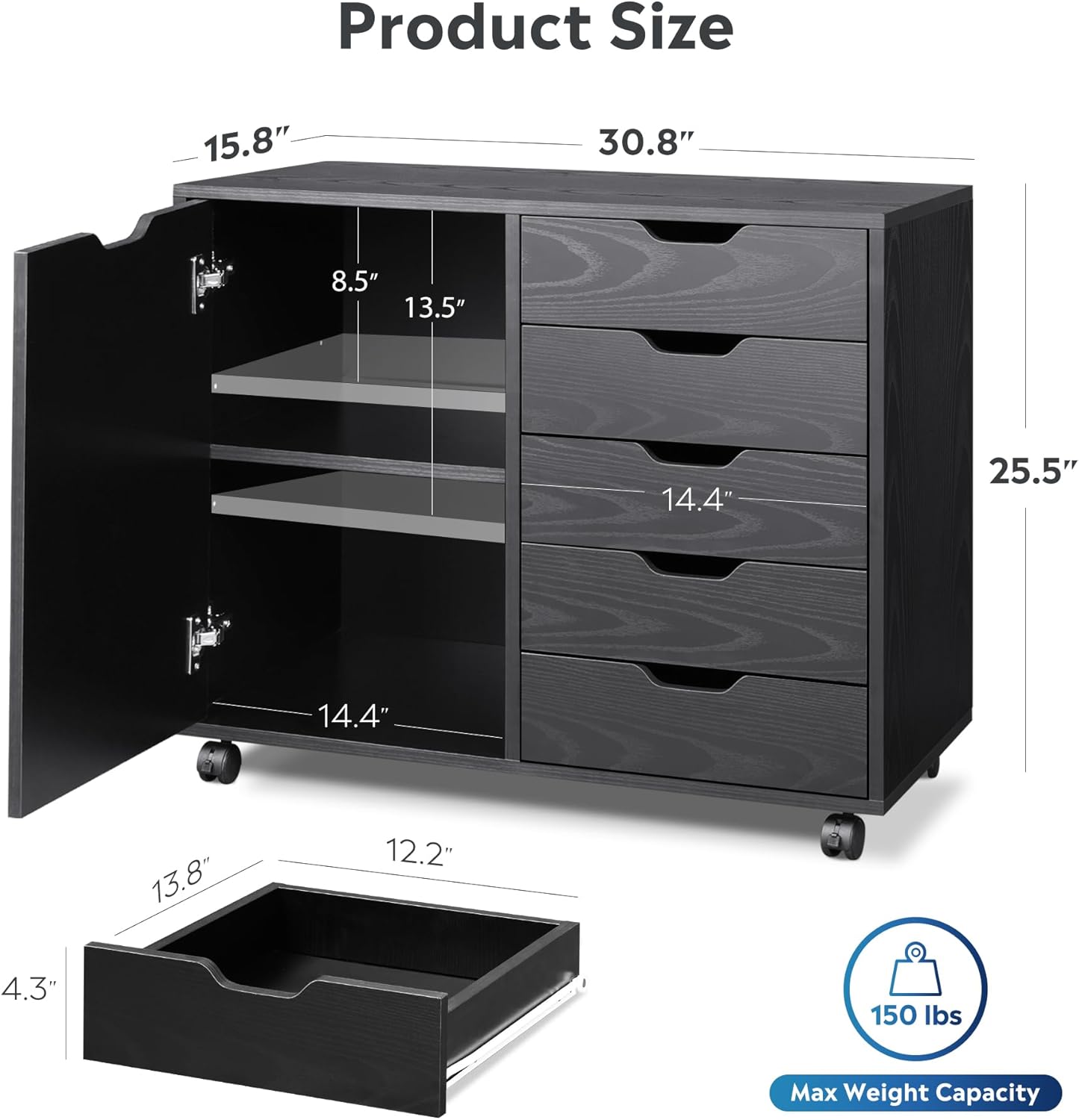 DEVAISE Mobile File Cabinet, 5-Drawer Wood Storage Chest with Door, Printer Stand for Home Office, Black
