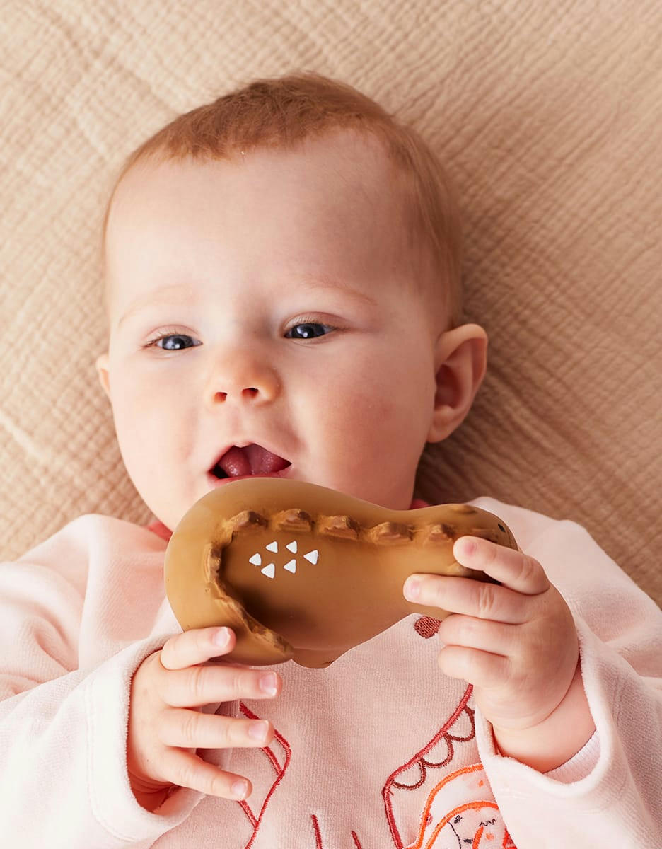 - Jouet de bain dinosaure avec hochet en caoutchouc naturel, ocre