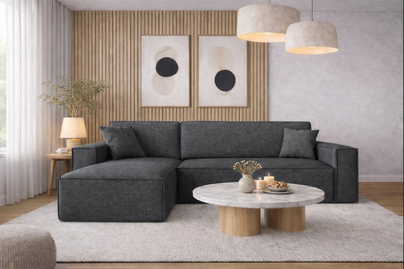 Sofa w kształcie L BEST narożnik tkanina Neve, Ciemnoszary Lewostronny