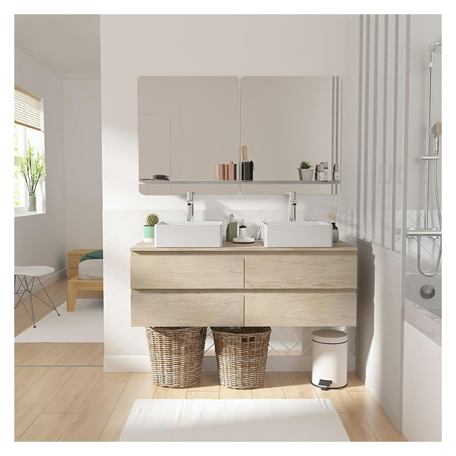 SORRENTO - Meuble double vasque 120cm avec plan bois  chêne+vasque+robinet+miroir