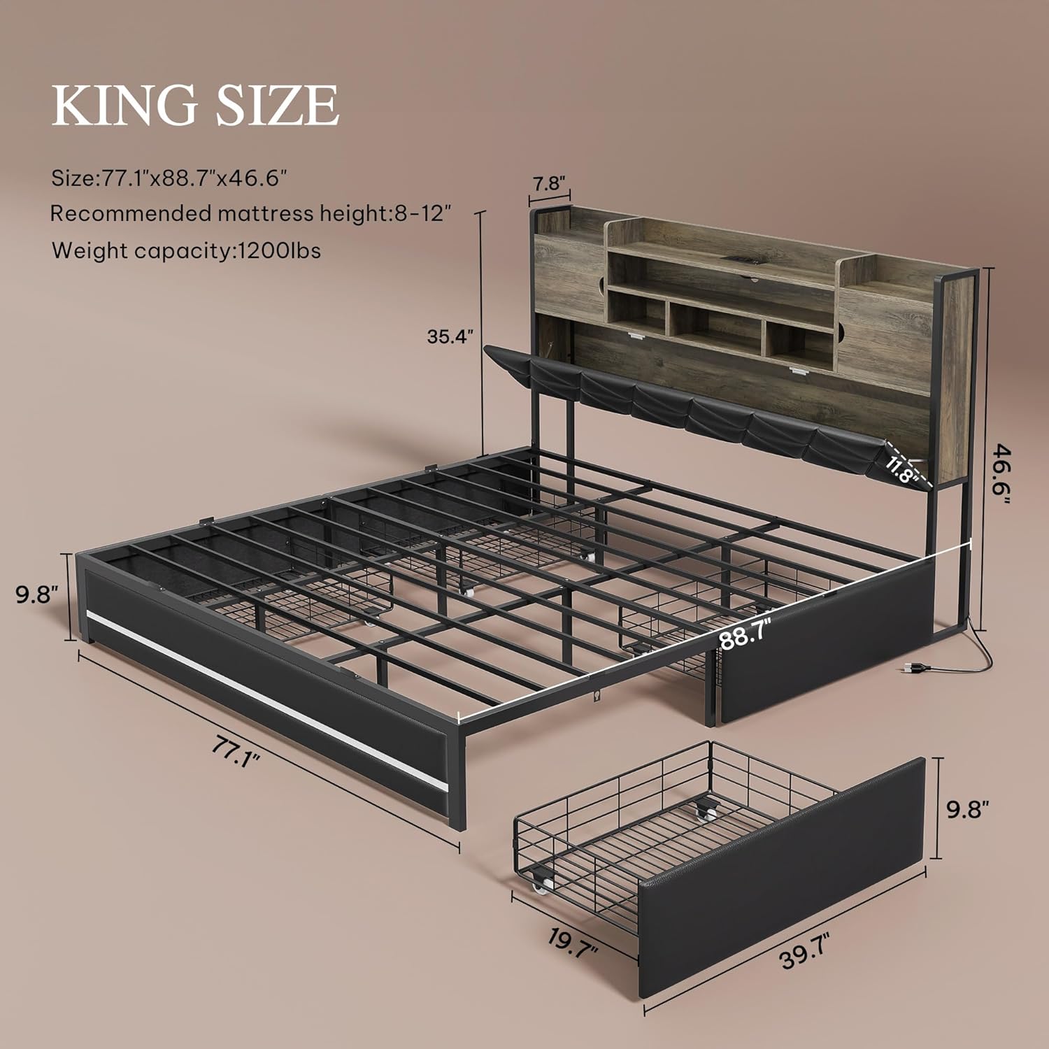 YITAHOME King Size Bed Frame with RGB LED Lights & Storage Bookcase Headboard, Upholstered Bed with Charging Station and 4 Drawers, No Box Spring Needed, Easy Assembly, Noise-Free, PU Leather Black