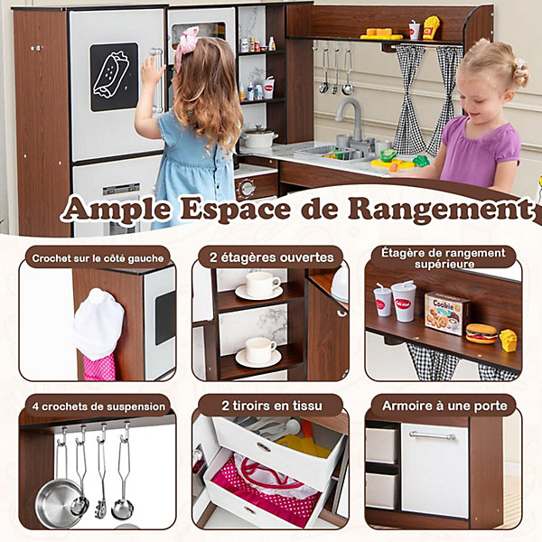 Cuisine d'angle, avec Hotte Eclairée et Poêles Sonores, Système de Circulation d'eau, Machine à Glaçons,Marron