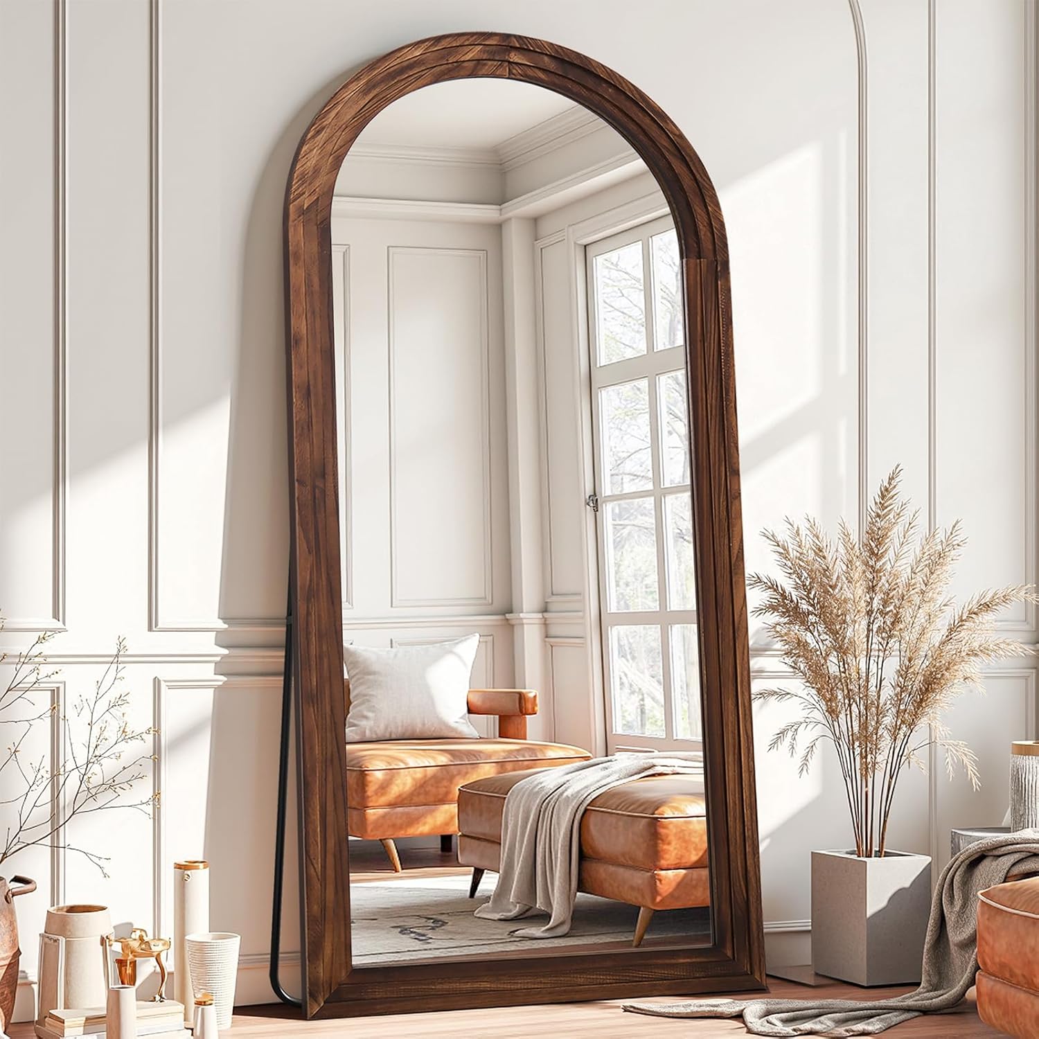 Antok Floor Mirror, Wood Full Length Mirror Wooden Full Body Mirror with Stand, Hanging Mounted for Living Room Cloakroom, 71×32, Walnut, Arched Style