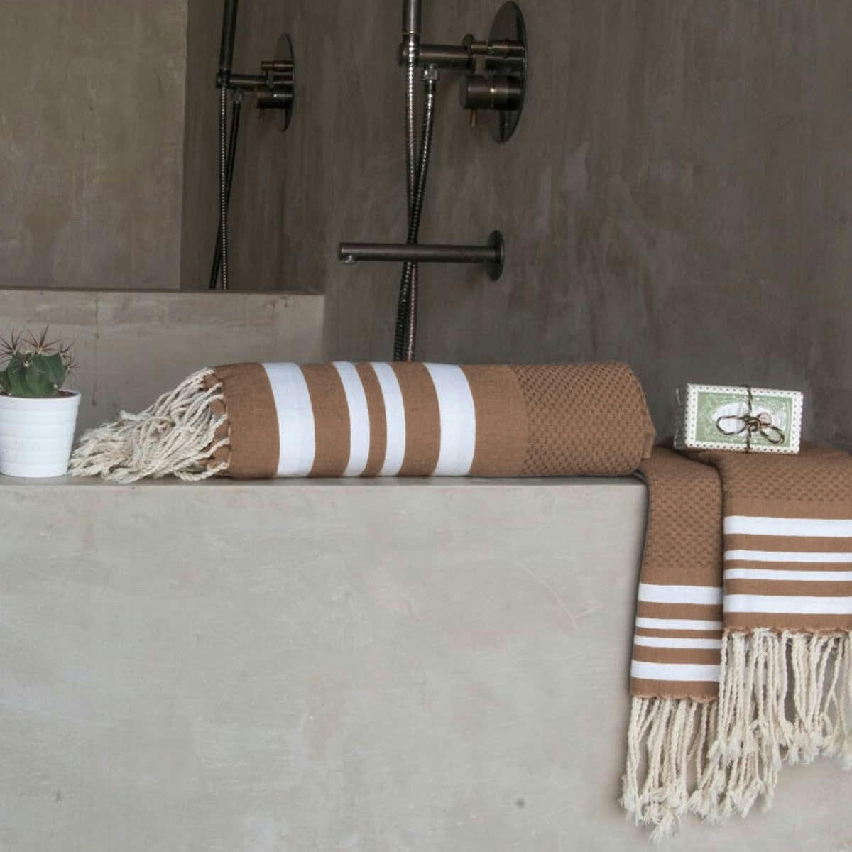 HAMPTONS - Set bain, 1 fouta + 2 serviettes coton  100x200 moka / blanc