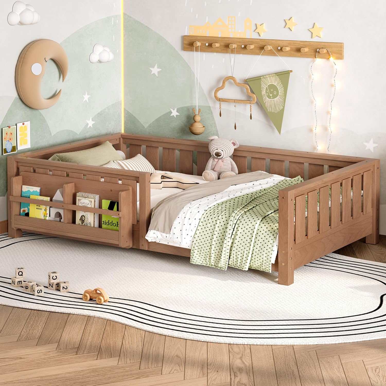 Bellemave Natural Montessori Floor Bed with Fence and Slats, Twin Size Montessori Floor Bed with Bookcase and High Rails, Easy Assemble Bed Frame for Girls, Boys, Twin