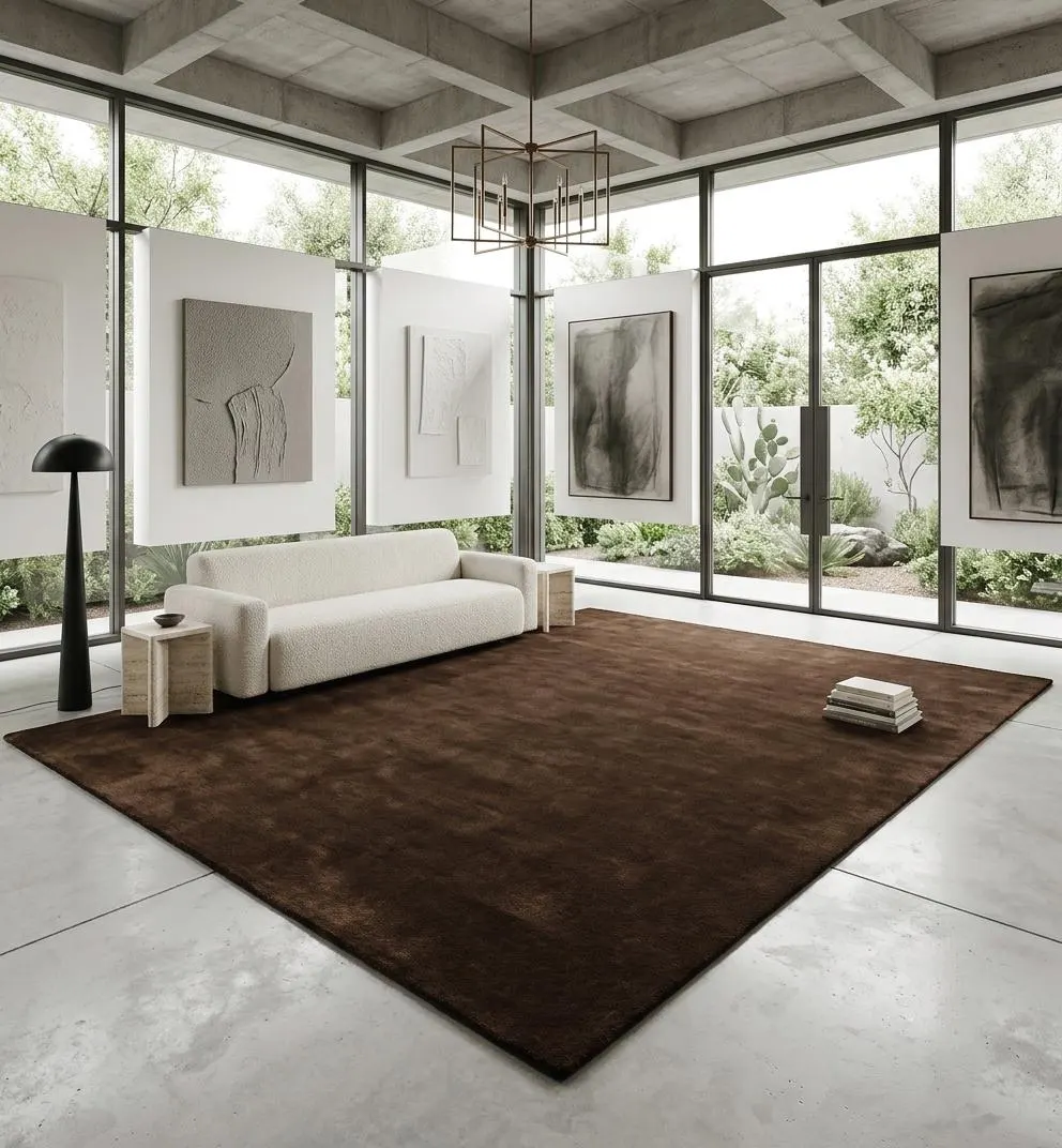 Luxury Dark Brown Wool Area Rug, Modern Minimalist Living Room Carpet, Handmade Textured Rug, Contemporary Neutral Home Decor