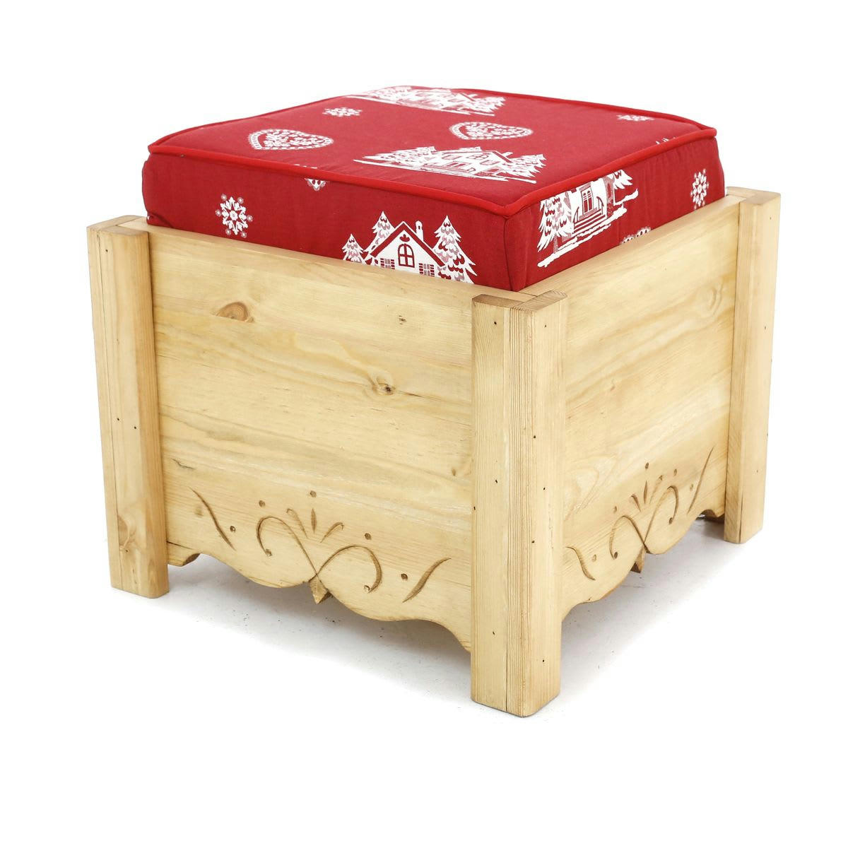 DAHU - Pouf coffre de rangement pin massif sculpté coeurchevel rouge Aspin