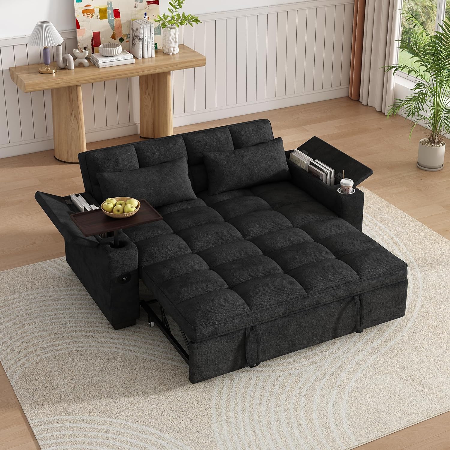 KEIKI 65 Compact 3-in-1 Sofa Bed, Pull-Out Sleeper Couch with Swivel Table, Built-in USB/Type-C Ports & Storage, Modern Chenille Loveseat for Studios & Guest Rooms