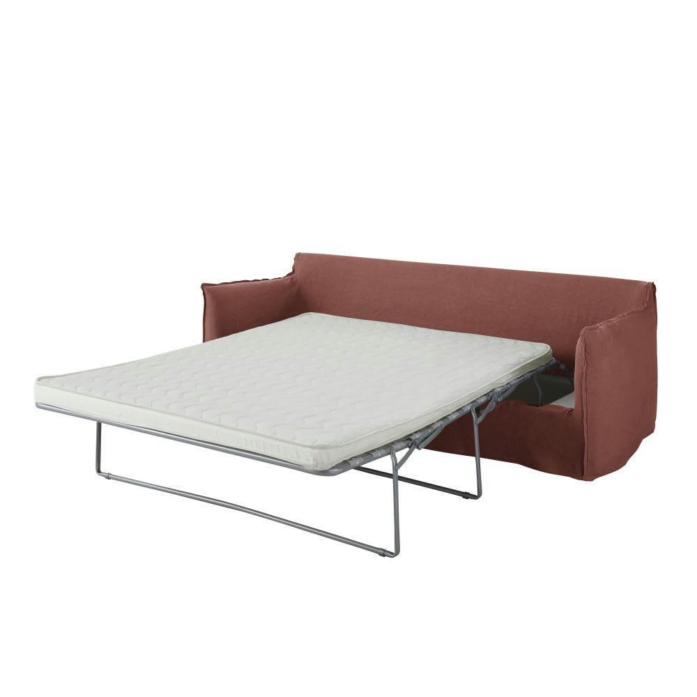 Barcelone - Canapé convertible 3/4 places en lin épais rouge rhubarbe, matelas 6 cm