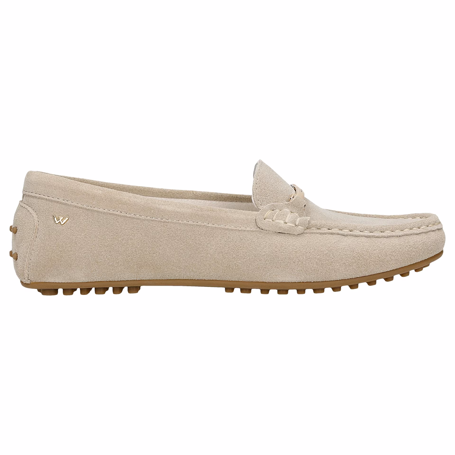 Beżowe mokasyny car shoes z dwoiny welurowej