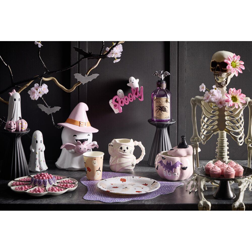 Bonbonnière Halloween 1L citrouille dolomite rose violet Ø13,5xH16cm (2 modèles orange ou rose)