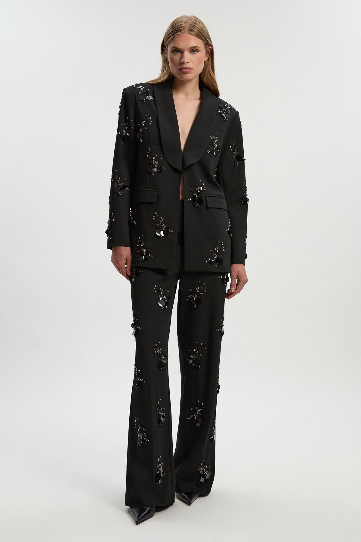 KarenMillen Cluster Sequin & Crystal Embellished Tailored Single Breast Blazer