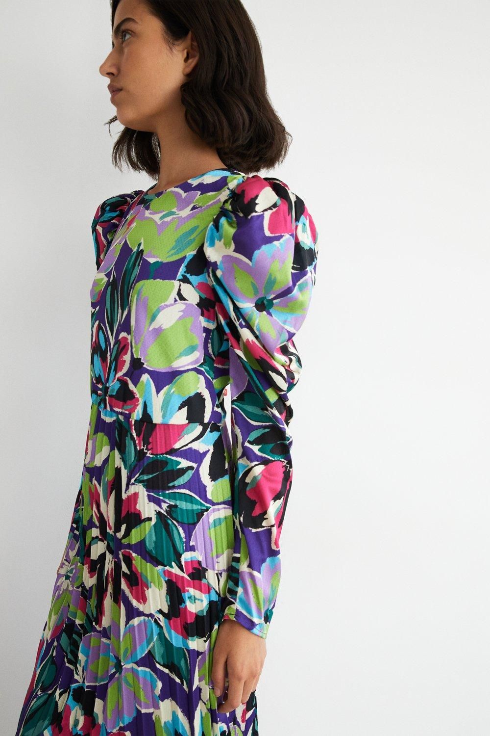 Warehouse Floral Pleated Puff Sleeve Maxi Dress