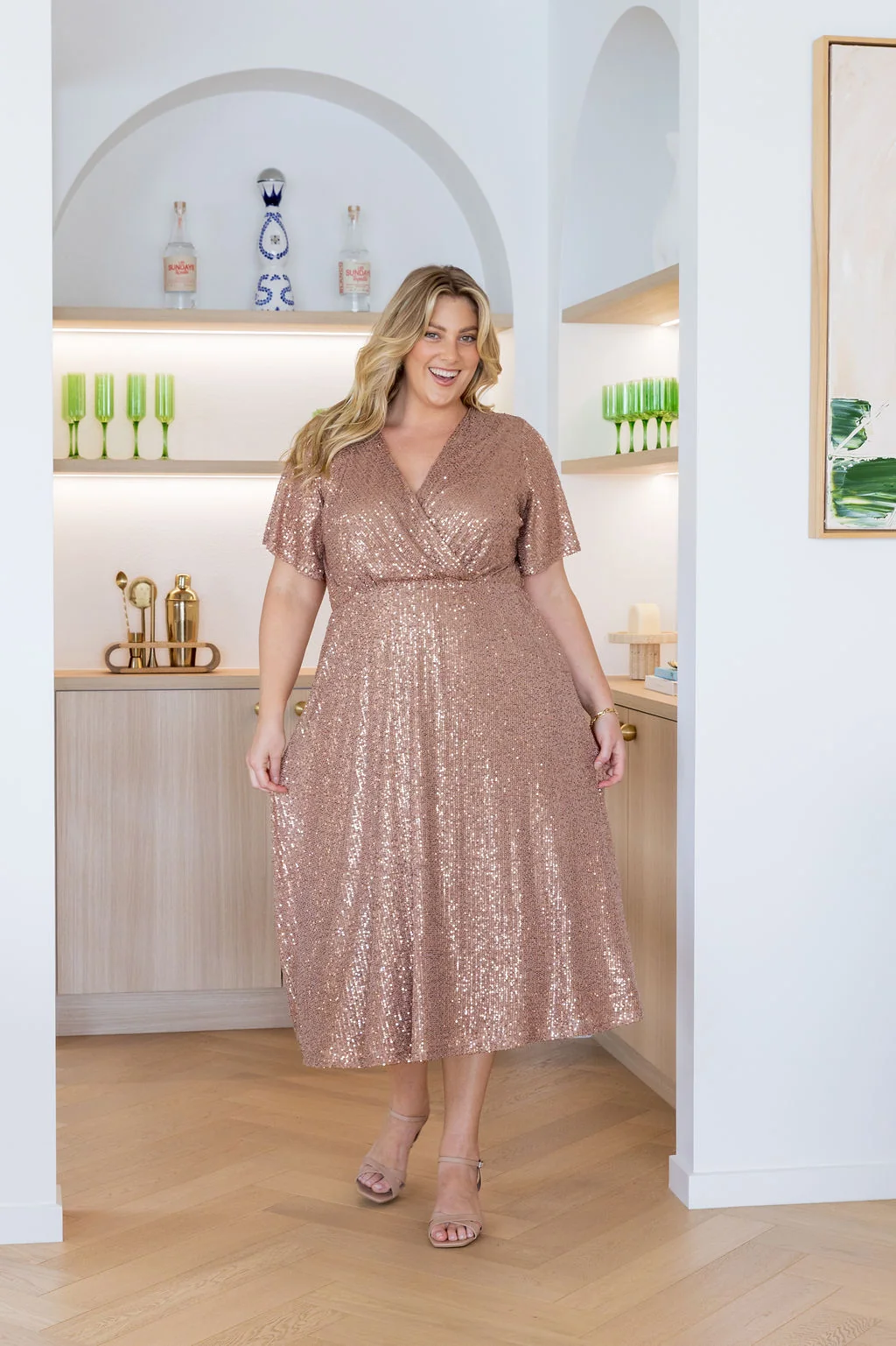 Athelia Sequin Midi Dress in Bronze