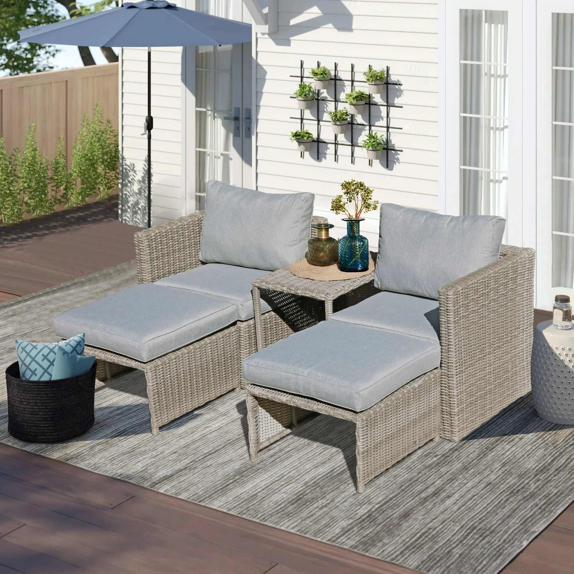 5-Piece Outdoor Rattan Conversation Set Wicker Chair with Cushions