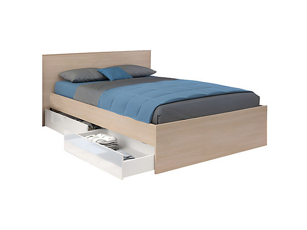 Lit avec 2 tiroirs 140 x 190 cm - Coloris : Naturel et blanc brillant   sommier - VELONA