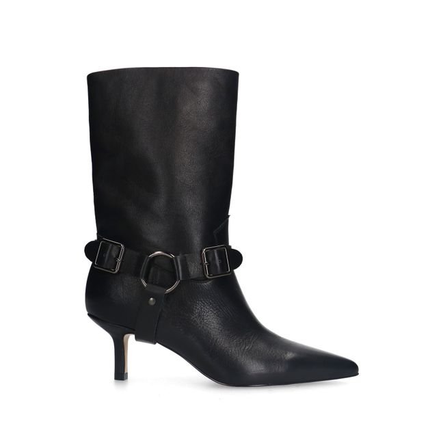 Zwarte leren buckle enkellaarsjes met hak