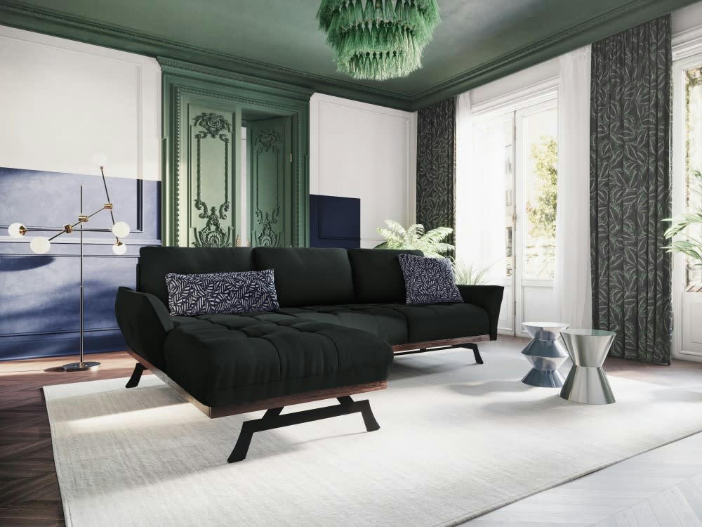 OLIVIER - Canapé d'angle 4 places en tissu structuré noir